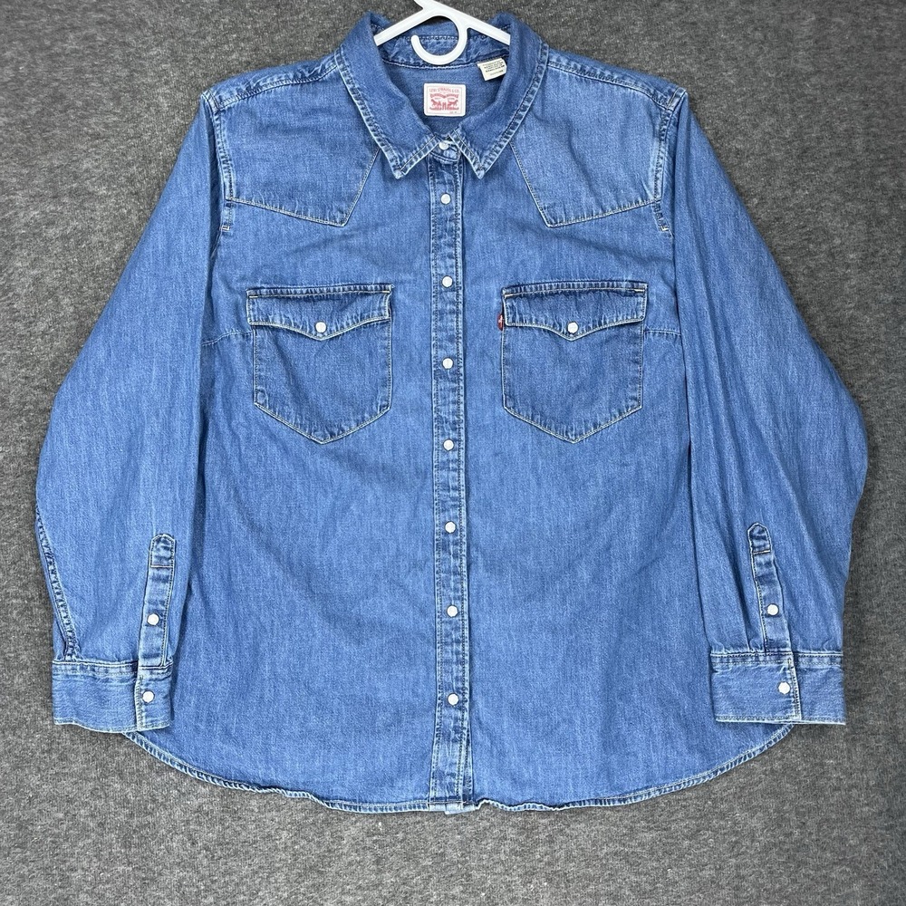 Levis Denim Pearl Snap Shirt Womens 3X Blue Western Rodeo Cowgirl #2